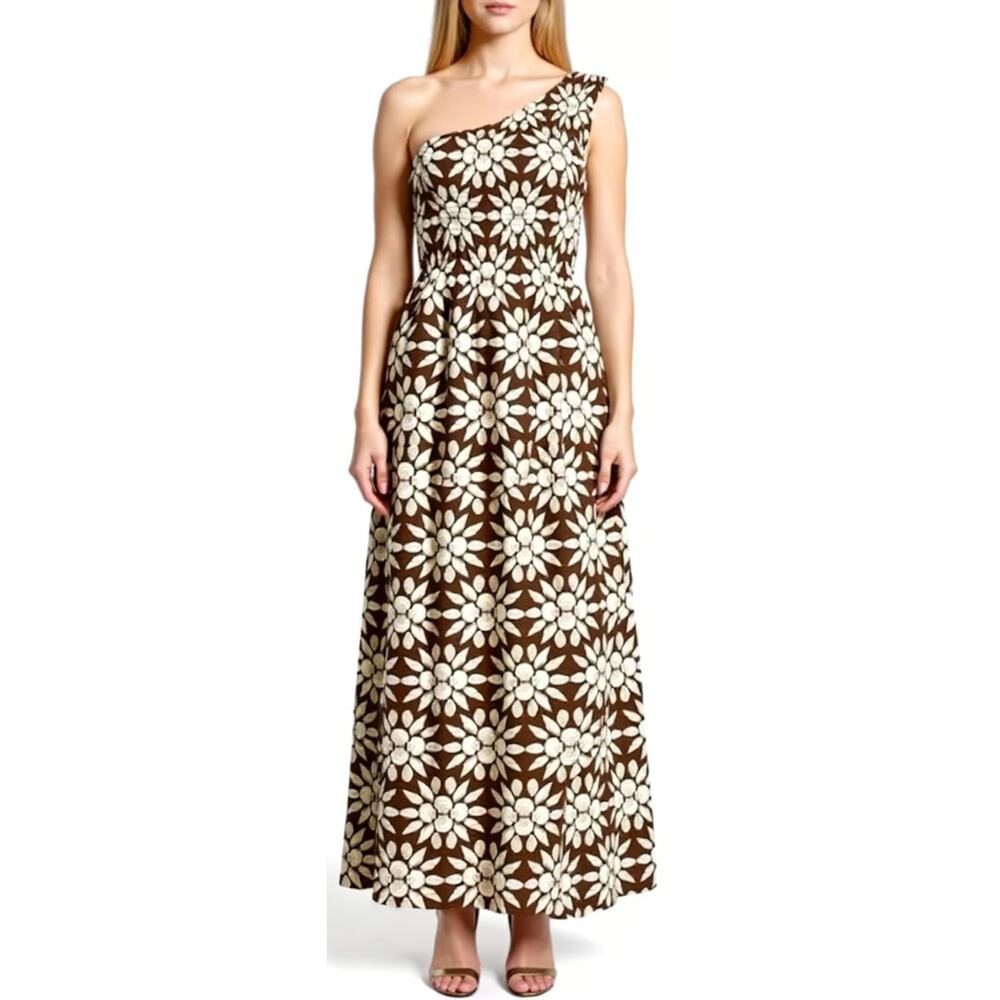 Hill House Home Thea One Shoulder Nap Dress Chocolate Shell Mosaic Crepe NWT S